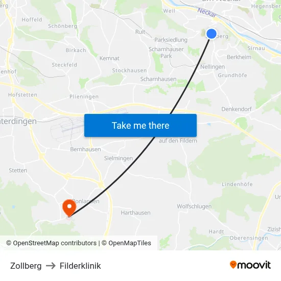 Zollberg to Filderklinik map