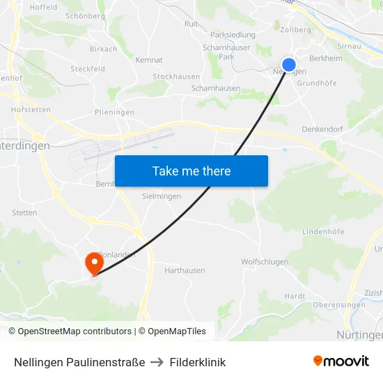Nellingen Paulinenstraße to Filderklinik map