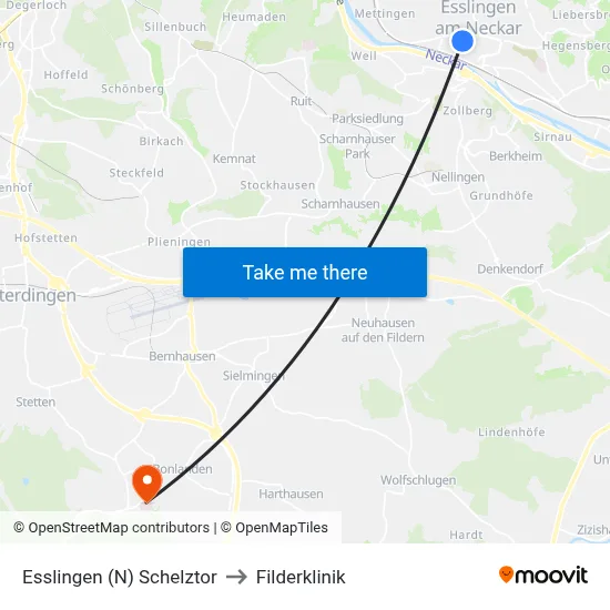 Esslingen (N) Schelztor to Filderklinik map