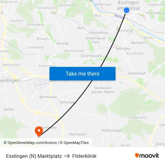 Esslingen (N) Marktplatz to Filderklinik map