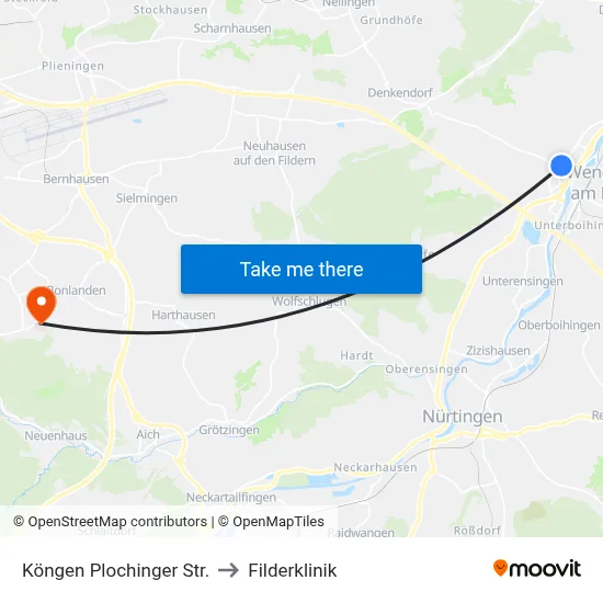 Köngen Plochinger Str. to Filderklinik map