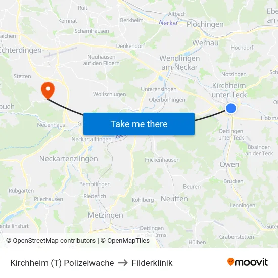 Kirchheim (T) Polizeiwache to Filderklinik map