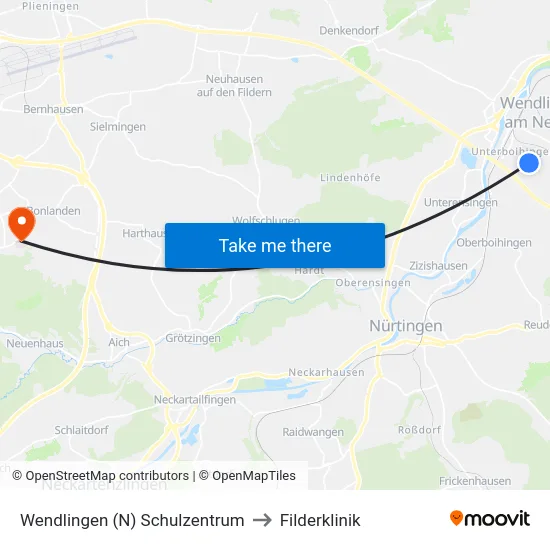 Wendlingen (N) Schulzentrum to Filderklinik map