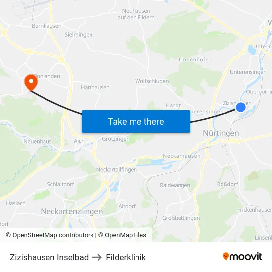 Zizishausen Inselbad to Filderklinik map