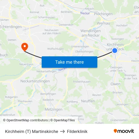 Kirchheim (T) Martinskirche to Filderklinik map