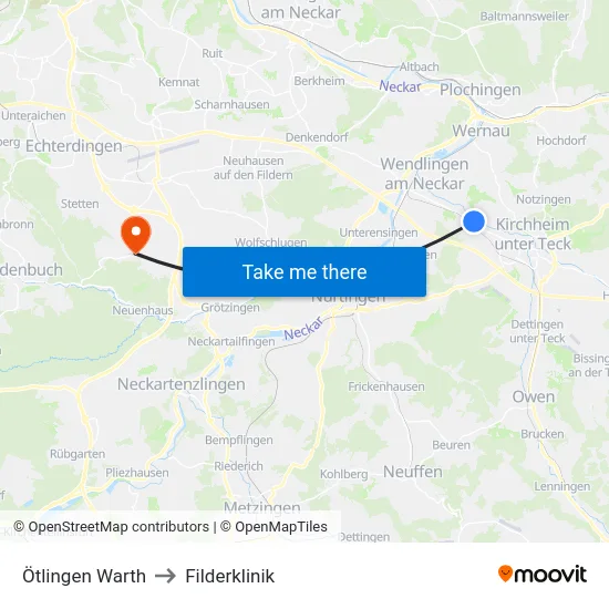 Ötlingen Warth to Filderklinik map