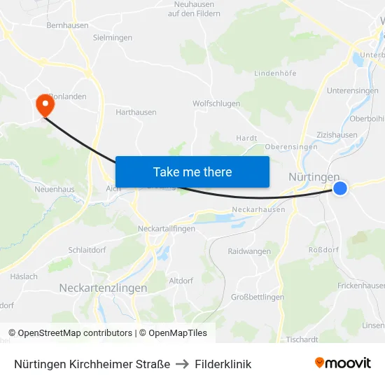 Nürtingen Kirchheimer Straße to Filderklinik map