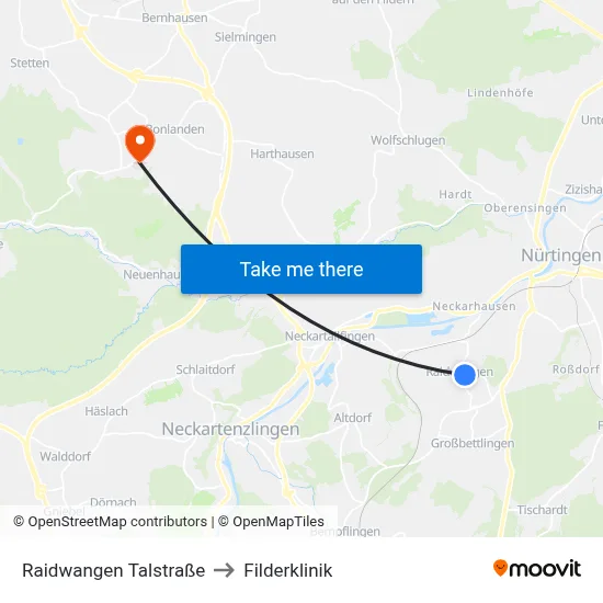 Raidwangen Talstraße to Filderklinik map
