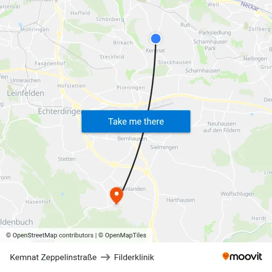 Kemnat Zeppelinstraße to Filderklinik map