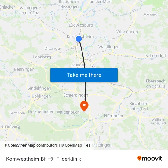 Kornwestheim Bf to Filderklinik map