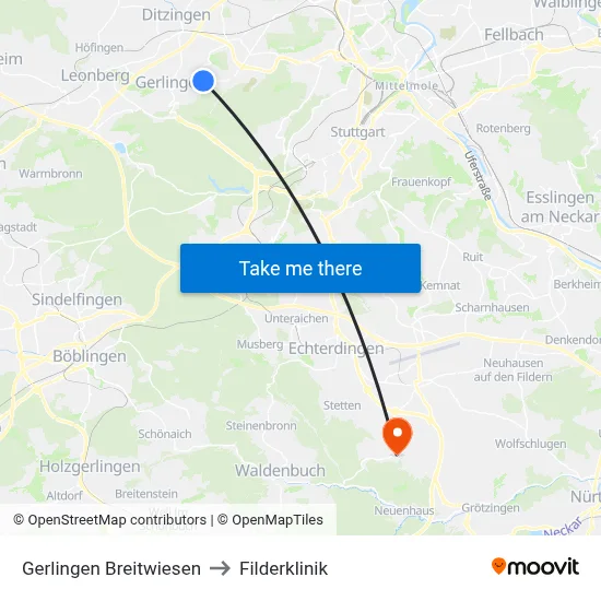 Gerlingen Breitwiesen to Filderklinik map
