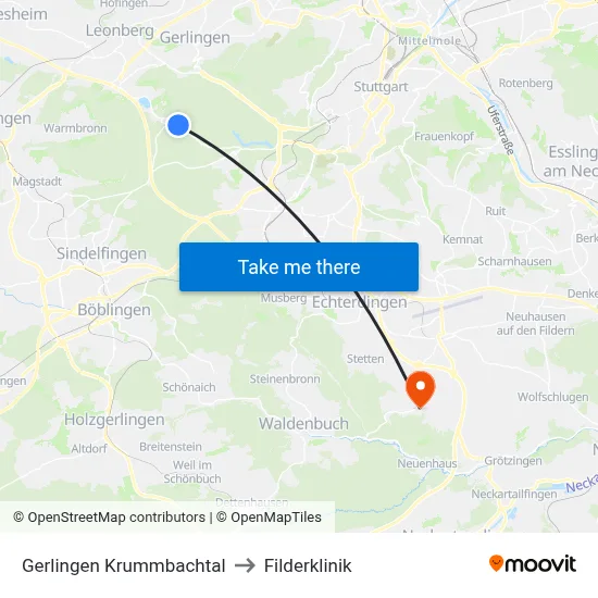 Gerlingen Krummbachtal to Filderklinik map