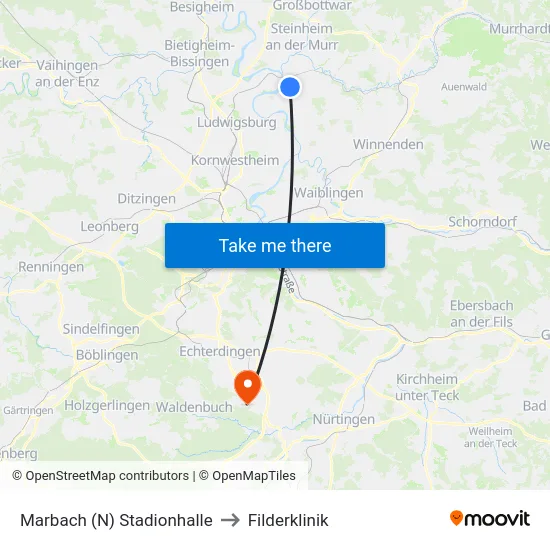Marbach (N) Stadionhalle to Filderklinik map