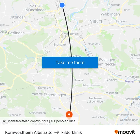 Kornwestheim Albstraße to Filderklinik map