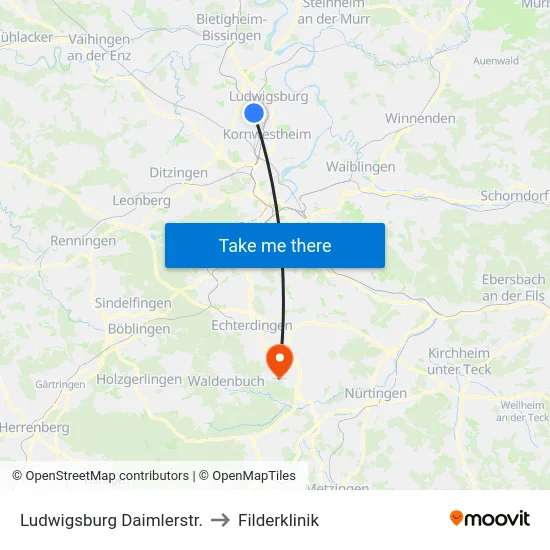 Ludwigsburg Daimlerstr. to Filderklinik map