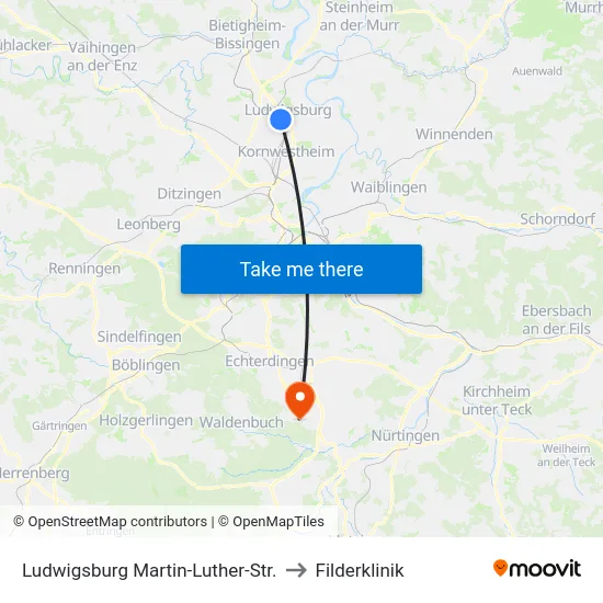 Ludwigsburg Martin-Luther-Str. to Filderklinik map