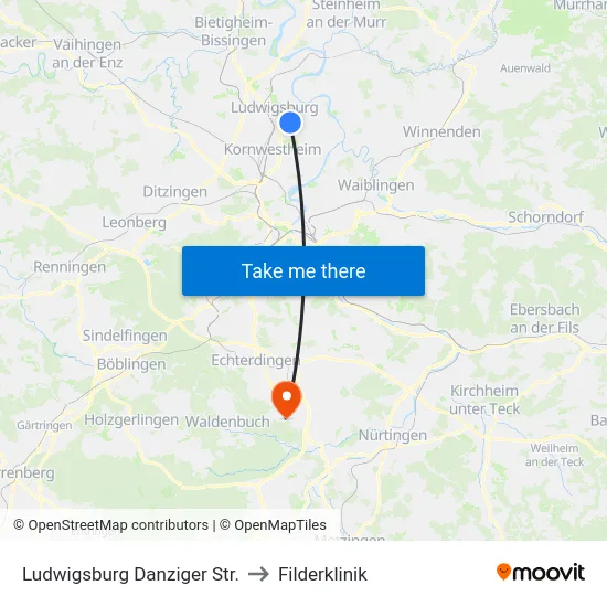 Ludwigsburg Danziger Str. to Filderklinik map