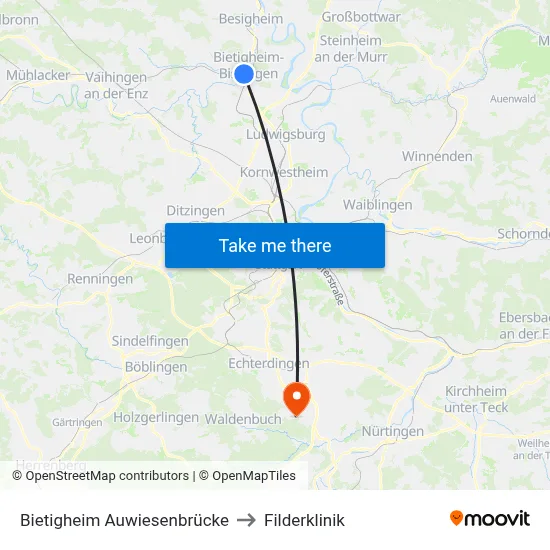 Bietigheim Auwiesenbrücke to Filderklinik map