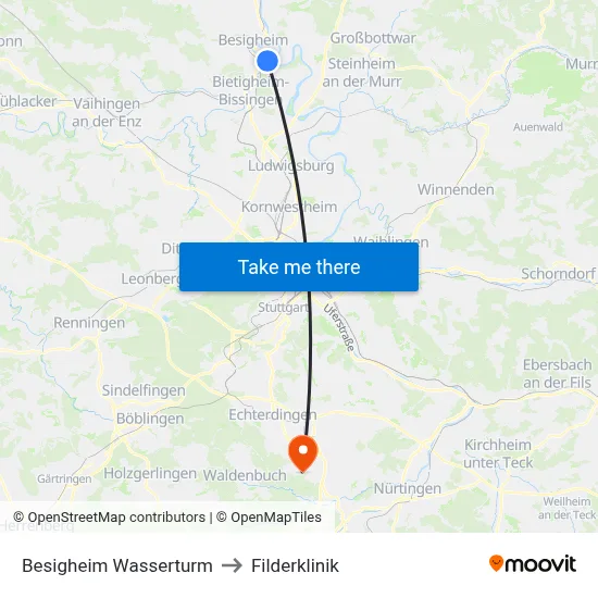 Besigheim Wasserturm to Filderklinik map