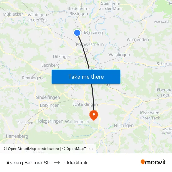 Asperg Berliner Str. to Filderklinik map