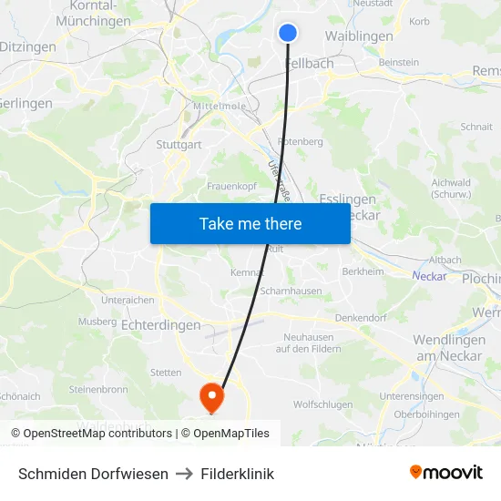 Schmiden Dorfwiesen to Filderklinik map