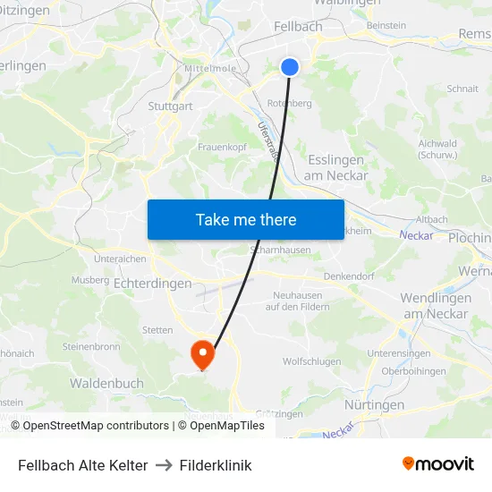 Fellbach Alte Kelter to Filderklinik map
