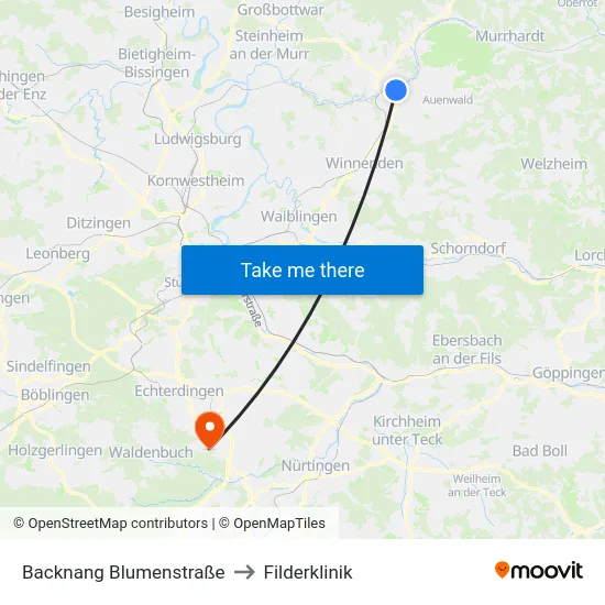 Backnang Blumenstraße to Filderklinik map