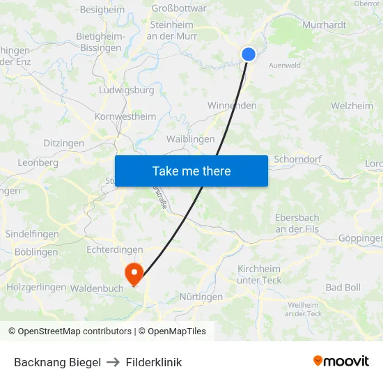 Backnang Biegel to Filderklinik map