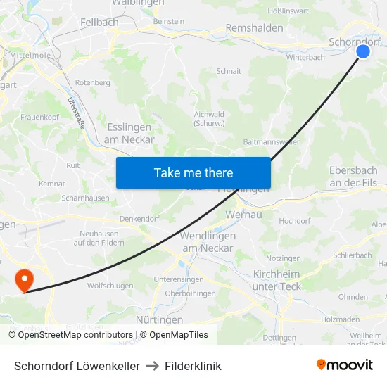 Schorndorf Löwenkeller to Filderklinik map