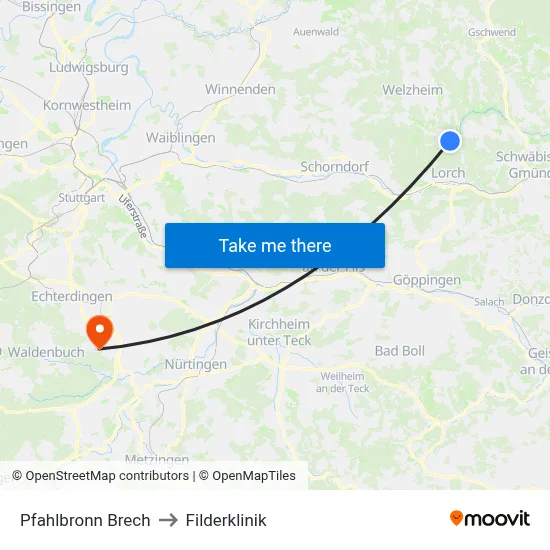 Pfahlbronn Brech to Filderklinik map