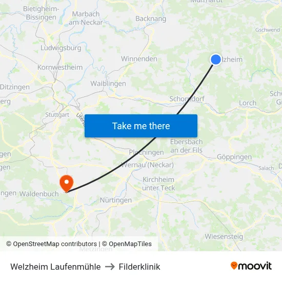 Welzheim Laufenmühle to Filderklinik map