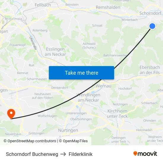 Schorndorf Buchenweg to Filderklinik map