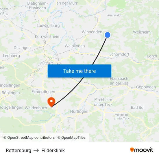 Rettersburg to Filderklinik map