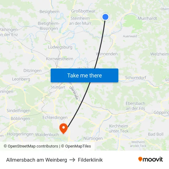 Allmersbach am Weinberg to Filderklinik map