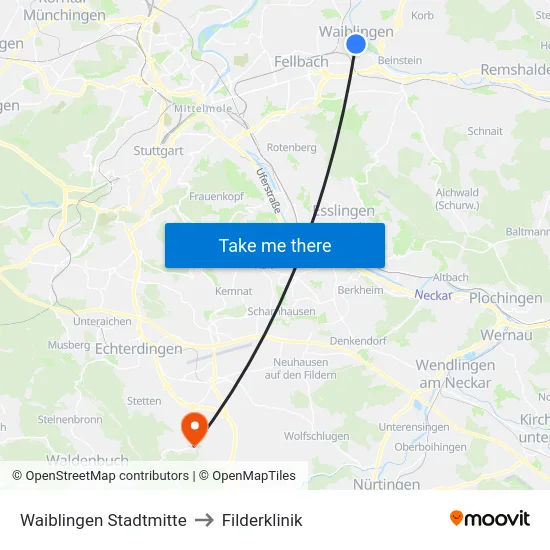 Waiblingen Stadtmitte to Filderklinik map