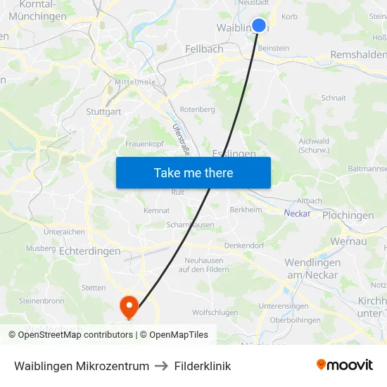 Waiblingen Mikrozentrum to Filderklinik map