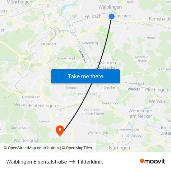 Waiblingen Eisentalstraße to Filderklinik map