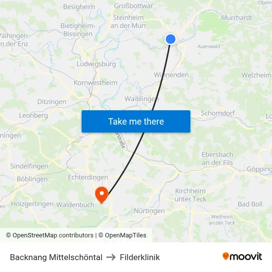 Backnang Mittelschöntal to Filderklinik map