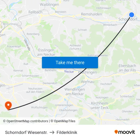 Schorndorf Wiesenstr. to Filderklinik map