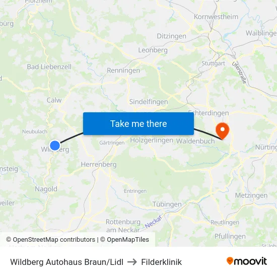 Wildberg Autohaus Braun/Lidl to Filderklinik map