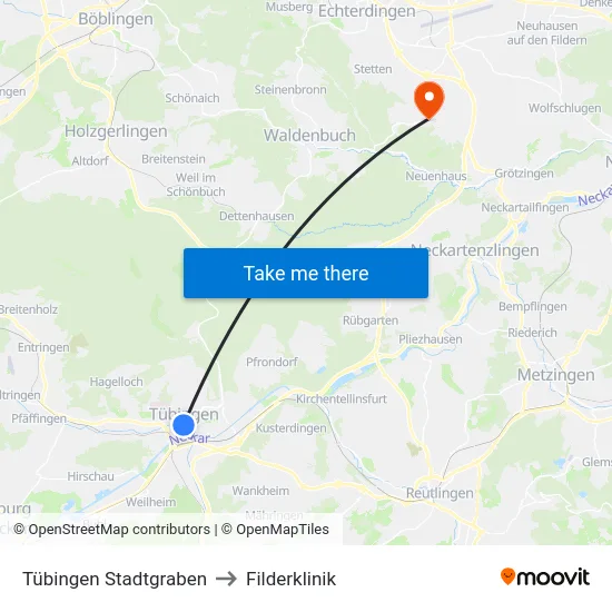 Tübingen Stadtgraben to Filderklinik map