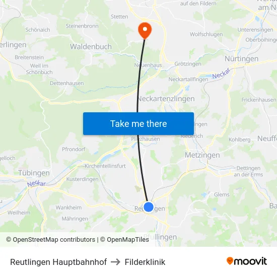 Reutlingen Hauptbahnhof to Filderklinik map