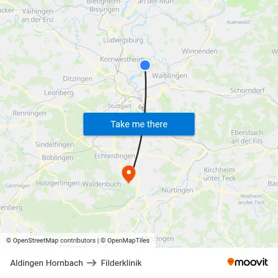 Aldingen Hornbach to Filderklinik map