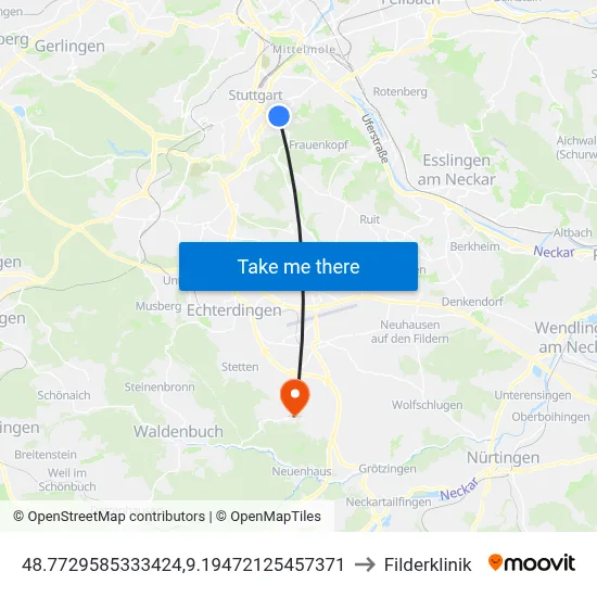 48.7729585333424,9.19472125457371 to Filderklinik map