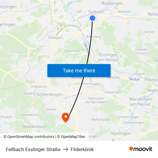 Fellbach Esslinger Straße to Filderklinik map