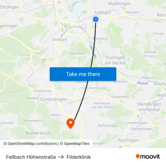 Fellbach Höhenstraße to Filderklinik map