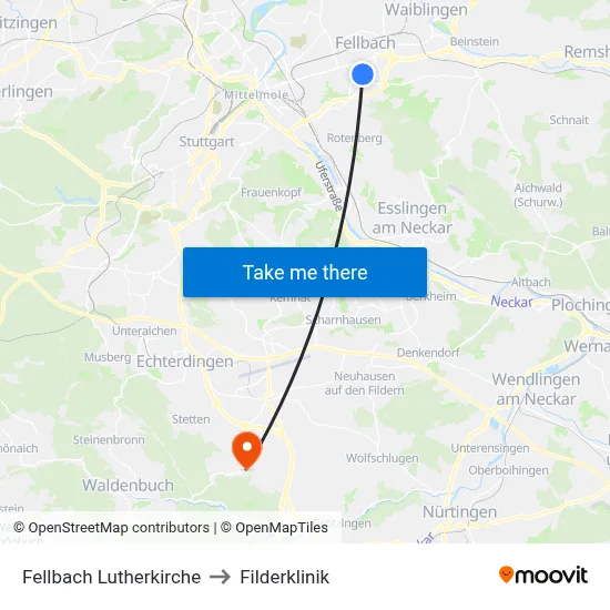 Fellbach Lutherkirche to Filderklinik map