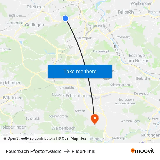 Feuerbach Pfostenwäldle to Filderklinik map