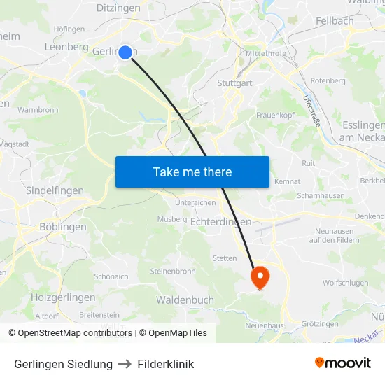 Gerlingen Siedlung to Filderklinik map