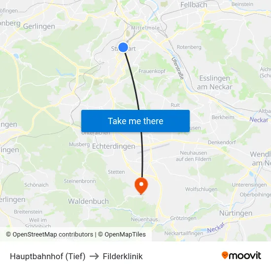 Hauptbahnhof (Tief) to Filderklinik map